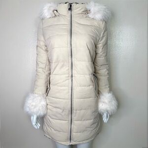 Cream sherpa lining removable faux fur on hoodie and cuffs parka puffer coat